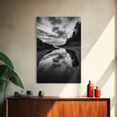 Reflective Tide Pool, Dramatic Sky, Forest Silhouette, Black and White Seascape, Framed Canvas Print, Living Room Wall Art, Nature Boho Style