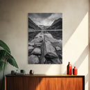 Mountain Lake Log, Alpine Serenity Scene, Tranquil Rock Shore, Canvas Print, Bedroom Wall Art, Nature Retreat, Minimalist Landscape