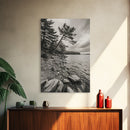 Pine Shoreline Landscape, Calm Water Trees, Autumn Mood, Canvas Print, Rustic Cabin Wall Art, Bedroom Nature Decor, Earthy Photography