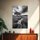 Solitary Tree, Storm Sky, Tranquil Meadow, Nature Landscape, Framed Canvas Print, Rustic Decor, Fall Wall Art, Bedroom Minimalist Art
