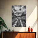 Forest Trail, Overcast Sky, Nature Pathway, Moody Landscape, Framed Canvas Print, Office Wall Art, Woodland Autumn Decor