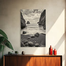 Secluded Cove, Rocky Shoreline, Ocean Retreat, Canvas Print, neutral beach art, living room decor, coastal nature photography