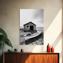 Shore Cabin, Rowboat Rest, Coastal Cabin, Serene Shoreline, Canvas Print, Lake House Wall Art, Rustic Decor, Living Room Seaside Art
