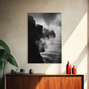 Stormy Cliffs, Ocean Fog, Monochrome Coast, Wild Nature Framed Canvas Print, moody wall art, rustic living room decor, dark aesthetic