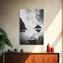 Remote beach reflection, lone hiker wanderlust, coastal rockscape, black white dreamscape, Framed Canvas Print, living room moody decor