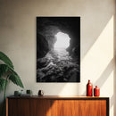 Sea Cave Entrance, Ocean Grotto, Light Escape, Rocky Tide, Canvas Print, Bathroom Wall Art, Black and White Seascape Photo