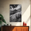 Majestic Volcano, Wild Grass, Black and White, Framed Canvas Print, Nature Photography, Office Decor, Moody Art, Rustic Wall Art