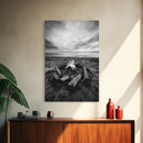 Coastal campfire glow, serene seaside bonfire, sunset flames, sandy warmth, Framed Canvas Print, Fall decor, cozy cabin wall art