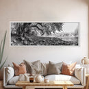 River Tree Roots, Tranquil Forest Landscape, Nature Wall Decor, Framed Canvas Print, Living Room Art, Black and White Earthy Style