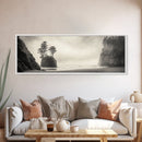 Foggy Beach, Coastal Pines, Ocean Cliffside, Nature Escape, Framed Canvas Print, Moody Wall Art, Living Room Decor, Pacific Northwest Style