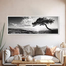 Lone Tree, Coastal Sunset, Ocean Horizon, Framed Canvas Print, Tranquil Landscape Art, Meditation Room Wall Art, Nature Zen Decor