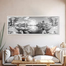 Mountain Reflections, Nature Panorama, Black and White Landscape, Framed Canvas Print, Living Room Wall Art, Modern Wilderness Decor
