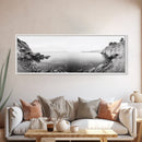 Rocky Coastline, Minimalist Seascape, Black and White Shoreline, Framed Canvas Print, Coastal Wall Art, Bathroom or Hallway Decor