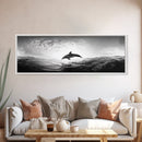 Ocean Dolphin Jump, Seascape Art, Black White Photography, Coastal Wall Decor, Canvas Print, Minimalist Bathroom Wall Art, Nautical Style