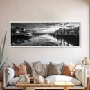 Fishing Dock, Quiet Marina, Waterside Village, Canvas Print, Nautical Wall Art, Lake House Decor, Black and White Photography