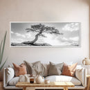 Lone Curved Tree, Zen Nature Print, Minimalist Landscape, Calming Decor, Framed Canvas Print, Bedroom Wall Statement