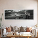 Stormy Beach, Weathered Sign, Moody Ocean, Black and White Photography, Framed Canvas Print, Coastal Gothic Wall Art, Autumn Decor