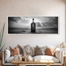 Whiskey on Beach, Bottle Seascape, Moody Coastal Still Life, Canvas Print, Masculine Bar Wall Art, Rustic Living Room Accent Piece
