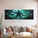 Rise Of Cthulhu Framed Canvas Print, Panoramic Call of Cthulhu H.P. Lovecraft Cosmic Horror Steampunk Gothic Darrk Art Wall Decor