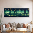 Fantasy Forest At Night With Fireflies, Extra Large Wall Art, Framed Panoramic Canvas Print, Framed Wall Art