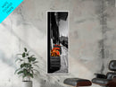 Orange Crates, Market Scene, Harbor View, Urban Life – Framed Canvas Print, Kitchen Wall Art, Rustic Market Decor, Fall City Aesthetic