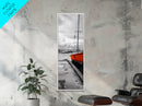 Vibrant Boat, Dockside Scene, Nautical Decor, Color Accent, Framed Canvas Print, Black and White Photography, Coastal Wall Art, Bathroom Art