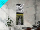 Yellow Field, Mountain Trail, Alpine Meadow, Bright Sky Framed Canvas Print, nature lover gift, landscape wall decor, cabin wall art