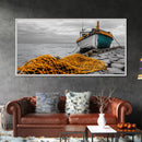Fishing Boat, Coastal Life, Yellow Net, Framed Canvas Print, Nautical Decor, Beach House Wall Art, Seaside Photography, Ocean Lover Gift