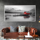 Red Cabin, Lake House, Mountain Reflection, Framed Canvas Print, Nordic Art, Winter Landscape, Bedroom Wall Art, Modern Minimalist Decor