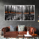 Reflected Forest, Orange Leaves, Tranquil River, Monochrome Fall, Canvas Print, Rustic Decor, Bedroom Wall Art, Woodland Scene