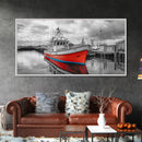 Red Boat, Dock Reflections, Moody Sky, Harbor Life, Framed Canvas Print, Nautical Wall Decor, Coastal Art, Living Room Art, Maritime Style