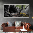 Forest Cave, Green Tree, Yellow Wildflowers, Peaceful Nature, Framed Canvas Print, Rustic Wall Decor, Cabin Living Room Art, Landscape