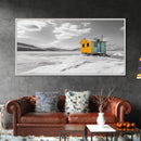 Yellow Cabin, Frozen Lake, Snowy Escape, Winter Minimalism – Framed Canvas Print, Scandinavian Wall Art, Cozy Living Room, Nordic Style