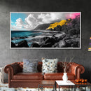 Vibrant Coastline, Yellow Cliff, Blue Ocean, Tropical Escape – Framed Canvas Print, Beach Wall Art, Boho Decor, Hawaii Inspired Room Vibe