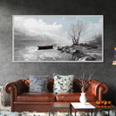 Solitary Boat, Alpine Lake, Tranquil Shore, Winter Silence – Canvas Print, Minimalist Wall Art, Bedroom Decor, Scandinavian Aesthetic
