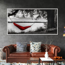 Red Hammock, Lakeside View, Tranquil Nature, Tree Shade, Framed Canvas Print, Boho Wall Art, Bedroom Decor, Relaxing Forest Landscape