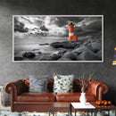 Red Lighthouse, Stormy Sea, Rocky Shore, Moody Coastal, Framed Canvas Print, Nautical Wall Art, Dramatic Bathroom Decor, Ocean Vibes