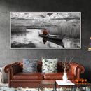 Solitary Canoe, Peaceful Waters, Cloudy Sky, Red Shirt, Framed Canvas Print, Nature Explorer Gift, Cabin Wall Art, Rustic Fall Scene