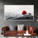 Red Tree Hilltop, Serene Winter Landscape, Peaceful Country Decor, Misty Morning Wall Art, Framed Canvas Print, Minimalist Bedroom Art