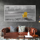 Yellow Chair, Tranquil Beach, Ocean Horizon, Canvas Print, Minimalist Beach Wall Art, Guest Room Decor, Calm Coastal Scene