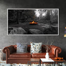 Forest Campfire, Glowing Flames, Outdoor Retreat, Cozy Autumn, Framed Canvas Print, Rustic Wall Decor, Fall Living Room Art, Nature Scene