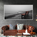 Red Bench Fog, Moody Coastal Morning, Framed Canvas Print, Minimalist Beach Wall Art, Modern Entryway Decor, Black and White Vibes