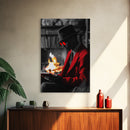 Red Jacket, Reading Firelight, Cozy Vibes, Stylish Man, Framed Canvas Print, Fall Wall Art, Office Decor, Modern Masculine Art