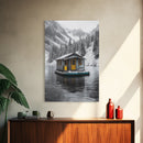 Winter Cabin, Floating House, Snowy Pines, Mountain Lake, Canvas Print, Minimalist Winter Wall Art, Cabin Decor, Neutral Nature Scene