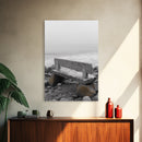 Seaside Bench, Rocky Shore, Ocean Fog, Coastal Calm, Framed Canvas Print, Minimalist Beach Art, Coastal Decor, Serene Ocean View