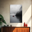 Red Boat, Foggy Coast, Seaside Cliff, Misty Water, Canvas Print, Moody Nautical Wall Art, Minimalist Ocean Decor, Scandinavian Style Art