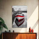 Red Fishing Boat, Harbor Calm, Nautical Charm, Canvas Print, Coastal Kitchen Wall Art, Maritime Theme, Seaside Decor, Rustic Water Scene
