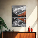 Mountain Reflections, Autumn Pines, Glacial Water Scene, Framed Canvas Print, Fall Landscape Wall Art, Nature Lover Home Decor