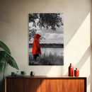 Red Coat Figure, Lakeside Reflection, Mystery Forest Mood, Canvas Print, Autumn Minimalist Wall Art, Moody Storybook Decor, Nature Style
