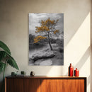 Golden Tree View, Nature Serenity, Fall Lake Art, Peaceful Pine, Framed Canvas Print, living room wall art, minimalist landscape print